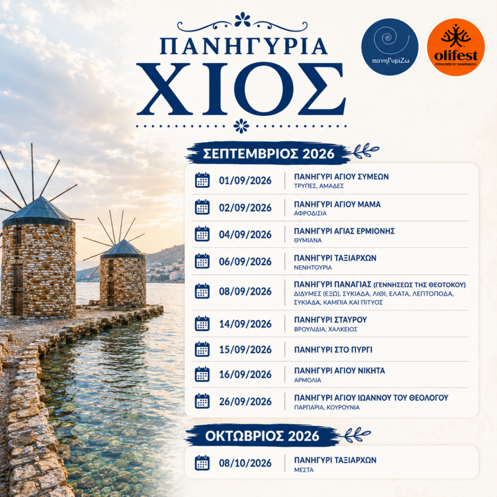 15/09: Χίος: Το Καλεντάρι των Φθινοπωρινών Πανηγυριών (Σεπτέμβριος – Οκτώβριος 2026)- Πυργί