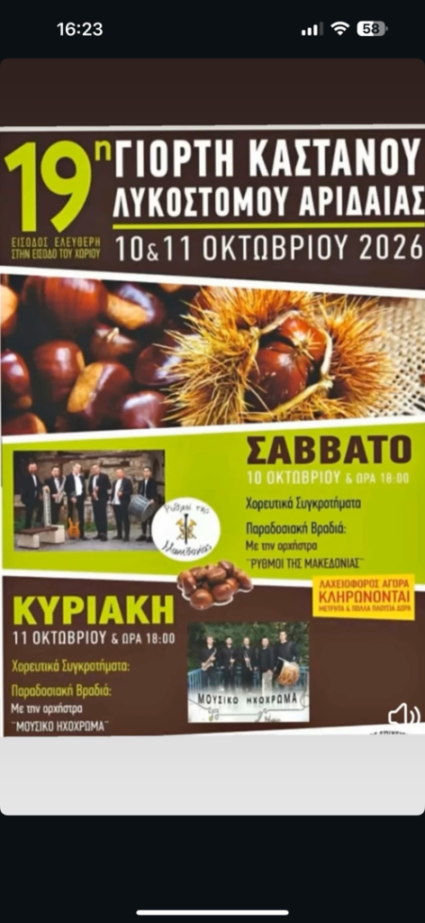 10/10/2026: 19th Chestnut Festival – Lykostomo, Aridaia